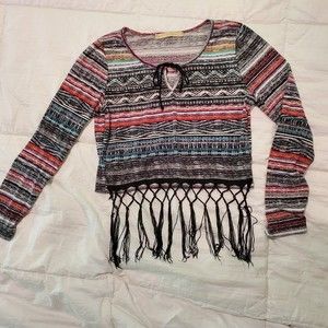 Love Angelus L/G Crop Top w/fringe Boho style Black, White multicolor print